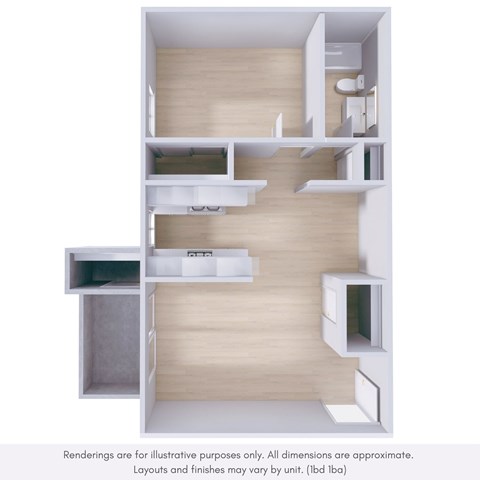 Floor plan for 1 bed, 1 bath, 680 sqft